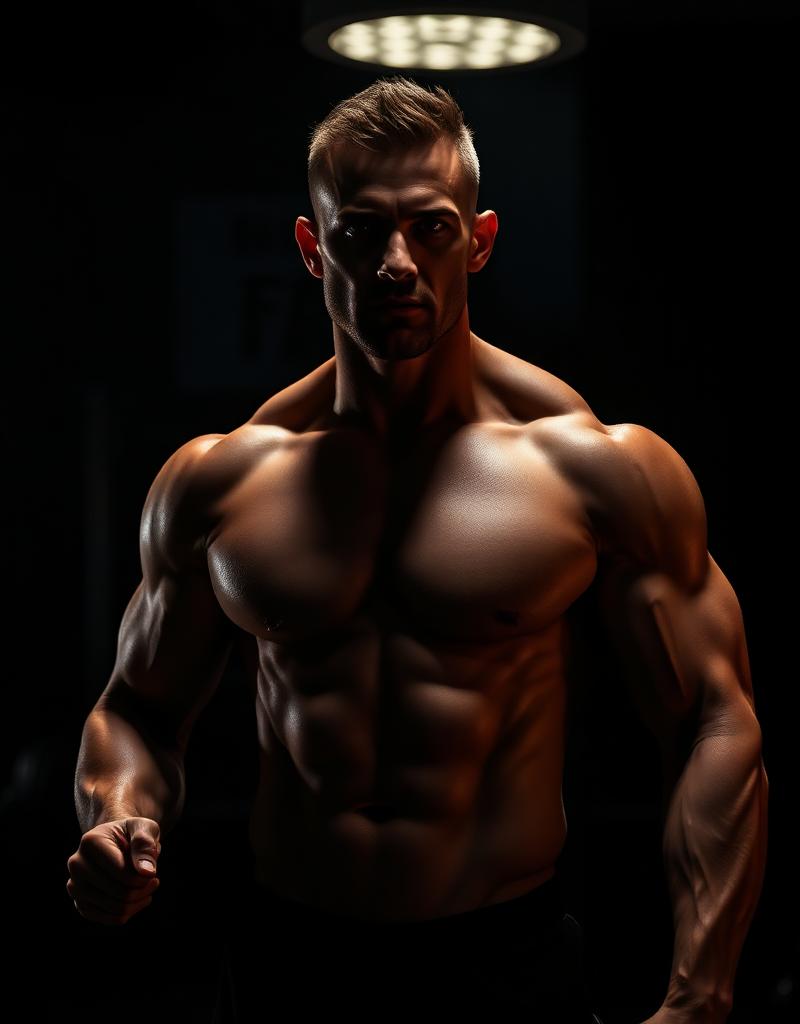 Personal trainer em estúdio escuro com iluminação dramática